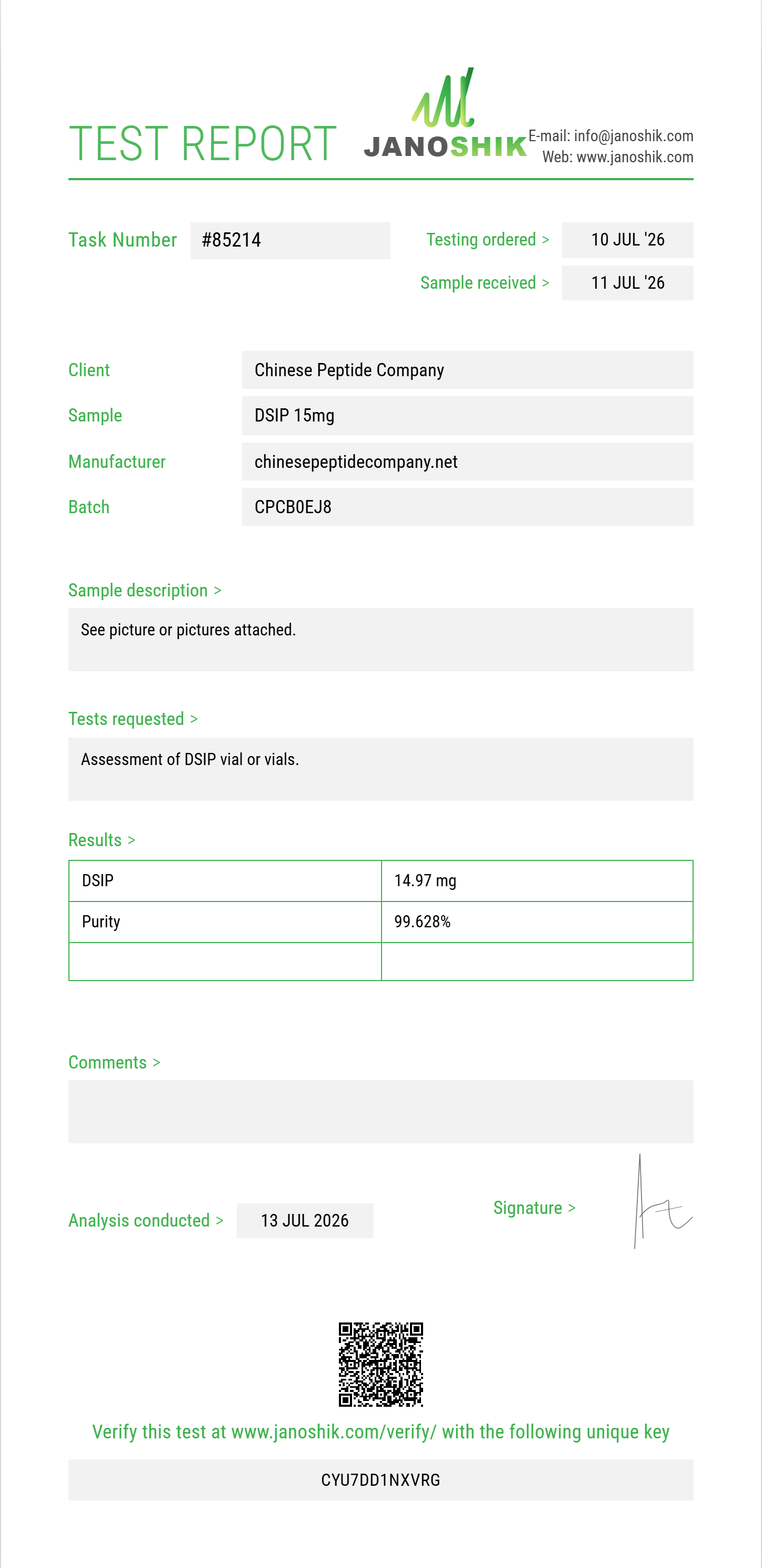 DSIP Purity (HPLC) report by Janoshik Analytical