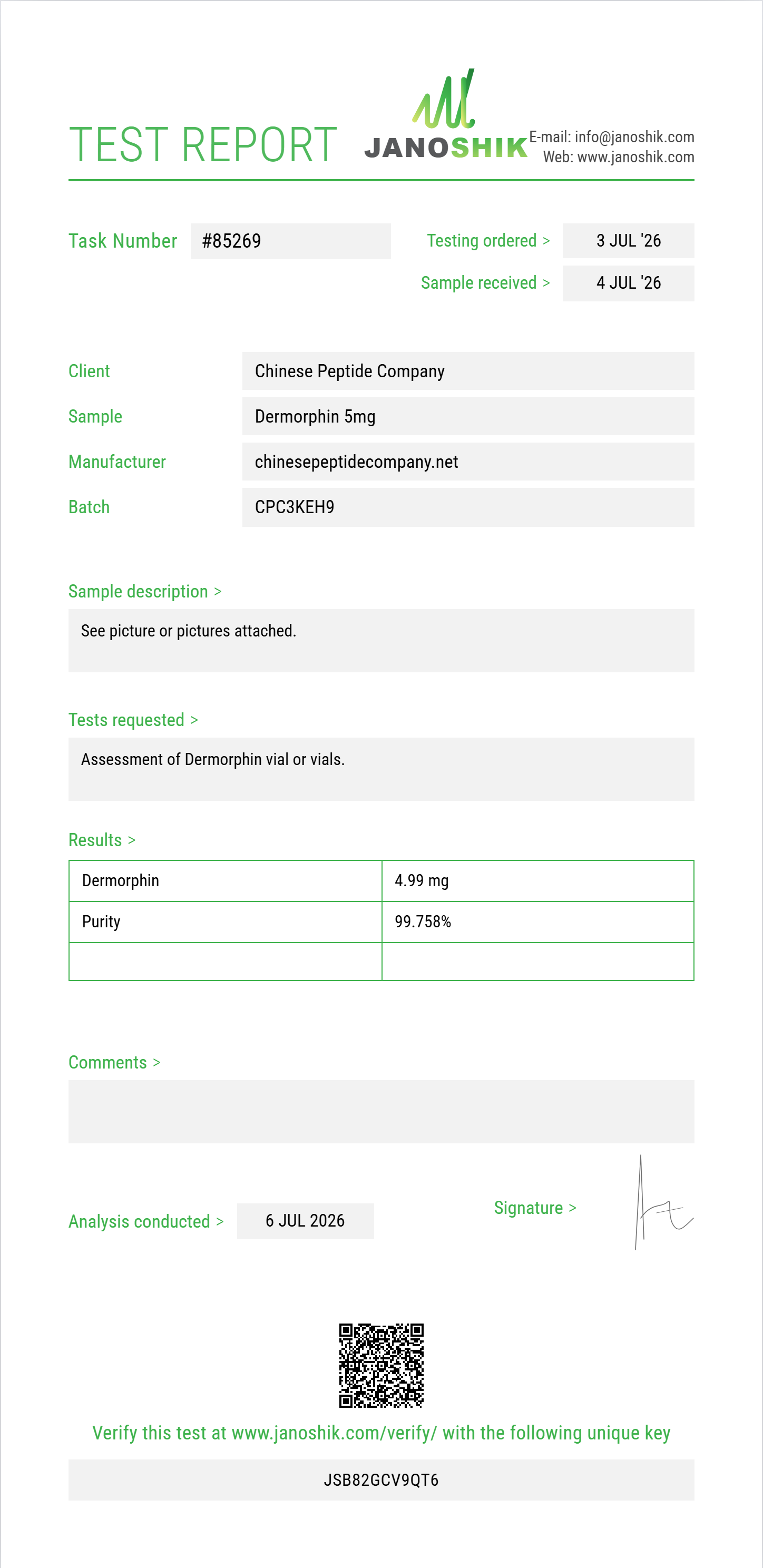 Dermorphin Purity (HPLC) report by Janoshik Analytical