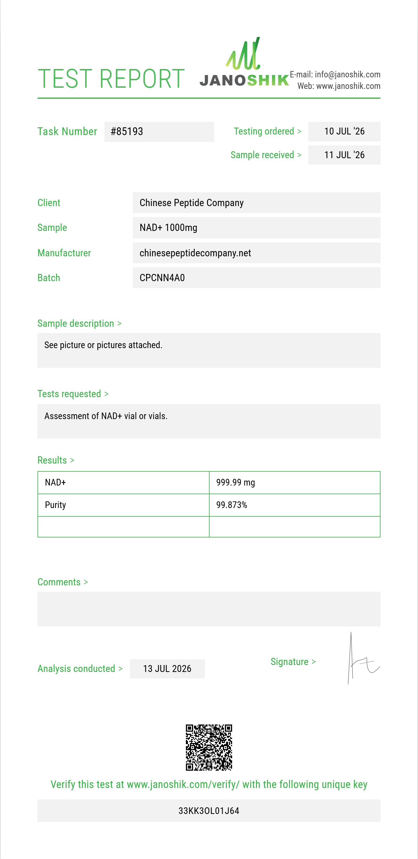 NAD+ Purity (HPLC) report by Janoshik Analytical