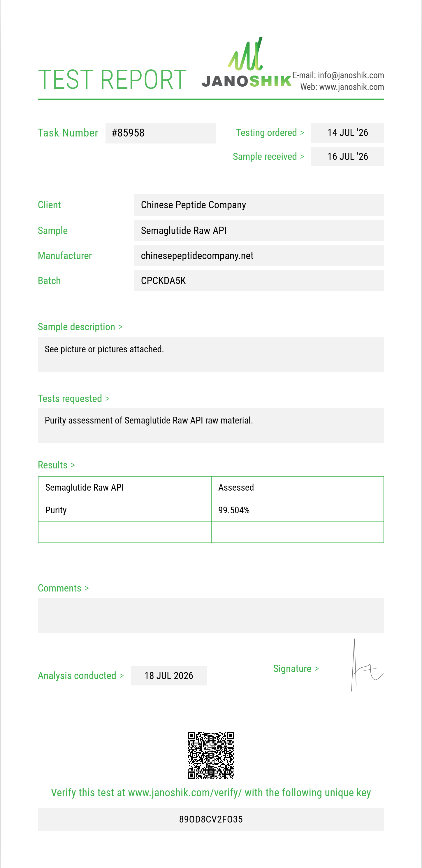 Semaglutide Raw Purity (HPLC) report by Janoshik Analytical