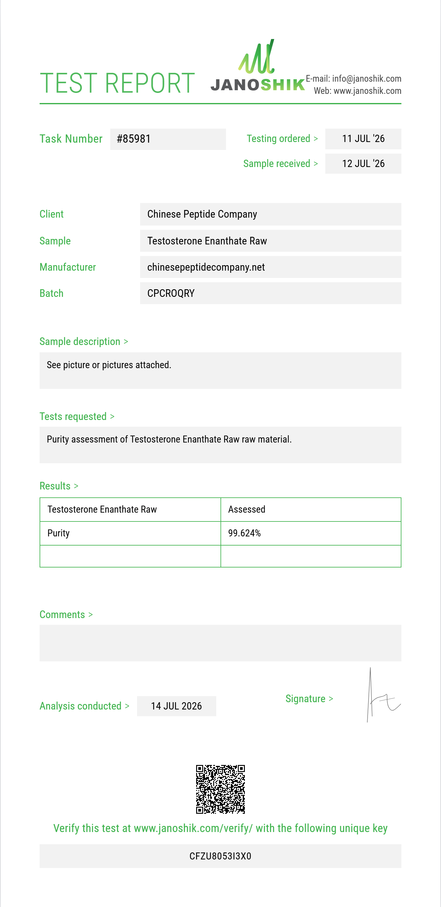 Testosterone Enanthate Raw Purity (HPLC) report by Janoshik Analytical