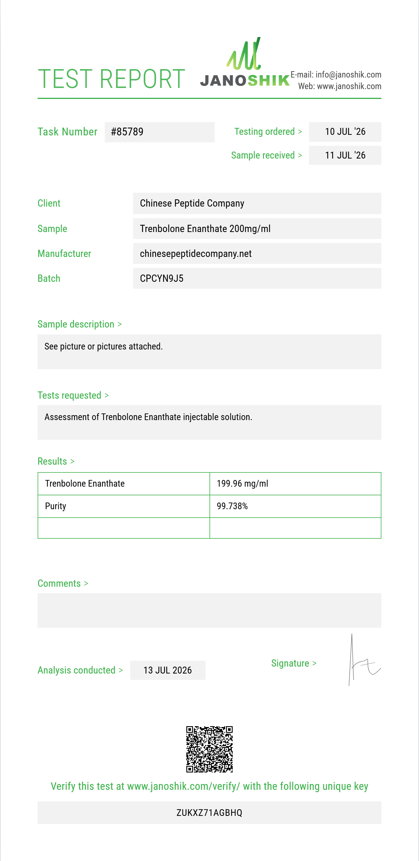 Trenbolone Enanthate Purity (HPLC) report by Janoshik Analytical