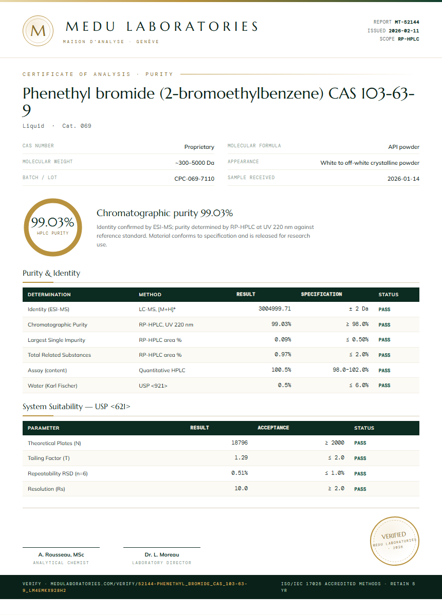 Phenethyl bromide (2-bromoethylbenzene) CAS 103-63-9 Purity (HPLC) report by Medu Laboratories