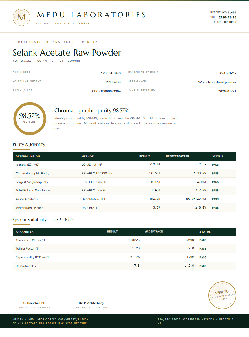 Selank Acetate Raw Powder Purity (HPLC) report by Medu Laboratories