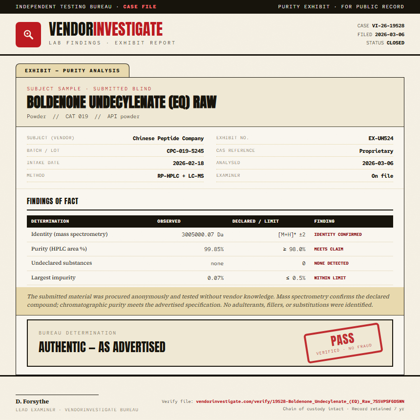 Boldenone Undecylenate (EQ) Raw Purity (HPLC) report by VendorInvestigate